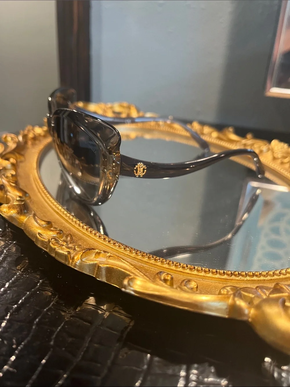 Vintage Roberto Cavalli Sunglasses Gray Cat-Eye with Gold Logo and crystals